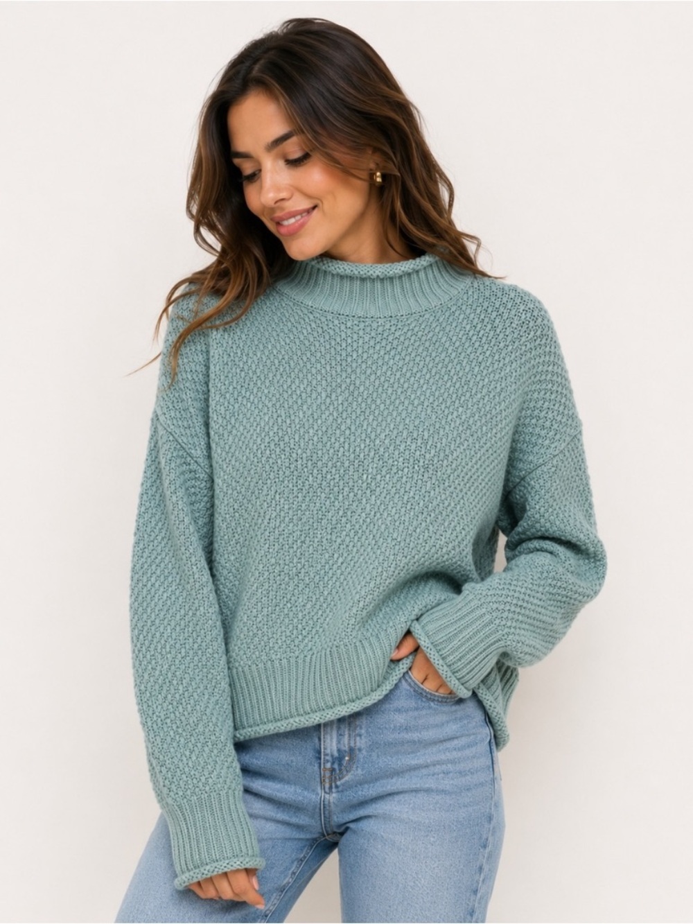 Relaxed Mock Neck Sweater in Light Blue, Seafoam Green, Chunky Knit, Cozy Chic